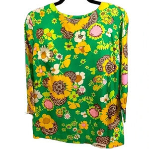 Vintage NWT Green Flower Floral Print 70s Blouse Top